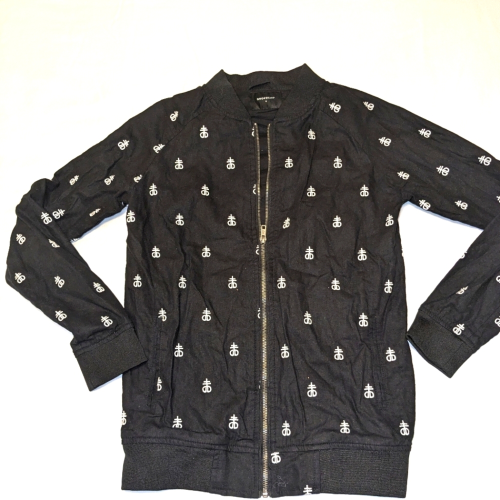 Drop Dead Blasphemy Bomber Jacket Small Unisex Black Logo Zip Up Lined